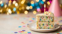 Funfetti birthday cake slice with lit candle on plate surrounded by colorful confetti and bokeh lights for celebration party dessert concept.