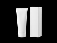 White cosmetic tube and box packaging mockup, isolated on transparent background. Ready for branding, product design, print on demand, stickers, and T-shirt design use.