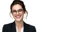Young professional woman wearing glasses and black blazer smiling confidently against white background, showcasing modern business style and positive workplace attitude.