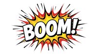 Comic book explosion burst with BOOM text in bold letters surrounded by dynamic red yellow orange flames and radiating lines on white background.