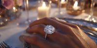 Close-up of woman's hand with sparkling diamond engagement ring at elegant dinner table with candlelight and fine dining setting.