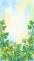 Watercolor botanical frame with green parsley and herb foliage borders on soft pastel background, ideal for culinary, gardening, and organic product designs.