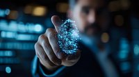 Digital fingerprint scan with glowing blue biometric data points floating above male finger in dark environment with technology interface background.