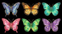 Colorful butterfly collection featuring six isolated species in blue, orange, green, pink, yellow-green, and purple tones on transparent background. Ready for t-shirt designs, clipart, stickers, sublimation, and print-on-demand products.