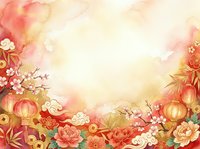 Lunar new year celebration background with red lanterns, peonies, plum blossoms and gold coins creating festive border frame on warm cream backdrop.