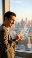 Young professional male, Caucasian, wearing business casual blazer, holding transparent tablet displaying envelope and upward arrow icon, standing by high-rise window with cityscape view during golden hour, representing digital communication and business growth.
