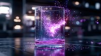 Glowing pink and purple magical particles floating in glass container against dark blurred background, mystical energy concept for spiritual and wellness designs.