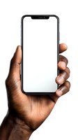 African American male hand holding modern smartphone with blank white screen isolated on white background for app presentation and mockup design.