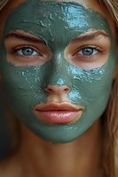 Young Caucasian woman with blue eyes applying green clay facial mask for skincare routine and spa treatment at home for healthy glowing skin.