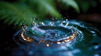 Macro photography of water drop impact creating crown splash effect with golden light reflections and green nature background, capturing liquid dynamics in motion.