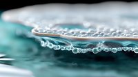 Macro photography of water bubbles in turquoise liquid creating abstract pattern. Transparent spheres form delicate chain on surface with soft bokeh effect.