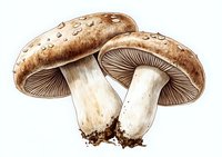 Brown mushrooms with detailed gills and stems on white background, botanical illustration style drawing showing natural texture and droplets on caps.