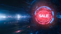 Glowing red sale sign in futuristic digital space with neon circles and light streaks. Abstract technology background with motion blur effect for retail promotion.