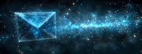 Glowing blue digital envelope sending data through space with sparkles and light trails, network communication concept on dark background.