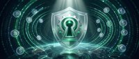 Digital cybersecurity shield with keyhole surrounded by glowing green data streams and security icons for technology protection concepts.