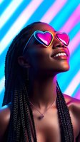 Young African American woman with box braids wearing neon heart-shaped sunglasses smiling against blue and pink striped background, creating vibrant retro-futuristic mood.