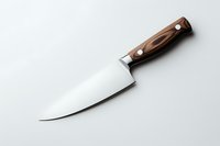 Sharp chef knife with polished steel blade and wooden handle isolated on white background. Professional kitchen cutlery for food preparation.