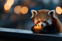 Adorable red panda cub holding glowing candle with warm bokeh lights creating magical evening atmosphere for wildlife and nature themed designs.