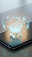 Holographic shopping cart with digital icons floating above smartphone screen representing online retail technology and e-commerce mobile application interface.
