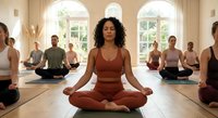 Young African American woman leading meditation class in bright studio with diverse group practicing mindfulness and yoga together.