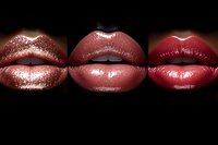 Glamorous close-up of three pairs of glossy lips in metallic rose gold, pink, and deep red shades against black background, showcasing luxury cosmetics and beauty trends.