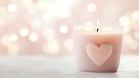 Pink scented candle with heart shape decoration glowing against soft bokeh background creates romantic atmosphere for Valentine's day or wedding decor.