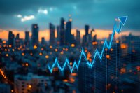 Financial market growth chart overlaid on blurred urban cityscape at dusk, glowing blue trading line showing upward trend against bokeh city lights.