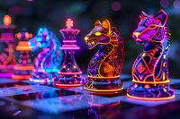Glowing neon chess pieces on dark background with vibrant pink and blue lighting effects create dramatic atmosphere for strategy game concept.