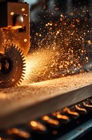 Bright sparks and metal shavings fly during industrial grinding process with large gear wheel visible in manufacturing environment. Dramatic close-up shot.