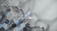 DNA double helix structure with molecular hexagonal elements and upward arrow indicating genetic progress and biotechnology advancement in medicine.