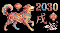 Colorful decorative dog with ornamental patterns, Chinese lanterns, 2030 numerals, and floral elements isolated on transparent background for t-shirt design, clipart, stickers, and print-on-demand products.
