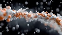 Swirling orange and white particles create dynamic motion trail against dark background, microscopic view of molecular structure in artistic science visualization.