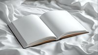 Open blank book with white pages on soft white fabric background, creating minimalist composition for mockup or creative design projects.