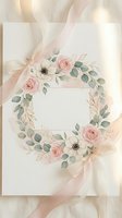 Elegant floral wreath with pink roses and white flowers on soft beige background with flowing ribbons for wedding invitations and romantic designs.