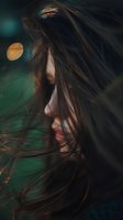 Side profile of young Asian woman with flowing dark hair against emerald background, soft bokeh lighting creates dreamy atmospheric mood for beauty and fashion content.