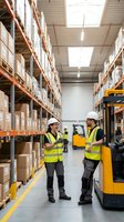 Two warehouse workers in safety gear discussing operations near forklift in modern distribution center with high shelving and organized inventory storage.