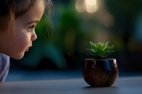 Young girl observing small succulent plant in decorative pot with warm lighting and blurred background creating peaceful indoor gardening moment.