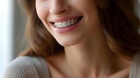 Young woman with braces smiling confidently showing white teeth and orthodontic treatment, wearing casual sweater in natural light setting.