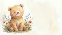 Adorable watercolor teddy bear sitting in wildflower meadow with soft pastel colors on light background for nursery decor and children designs.
