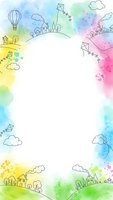 Colorful watercolor frame with hand-drawn doodles of houses, kites, hot air balloon and clouds on white background for creative design projects.