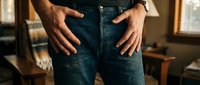 Man in blue denim jeans with hands in pockets standing indoors. Casual menswear fashion concept for clothing brands and lifestyle marketing campaigns.