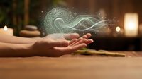 Hands cupping glowing mystical energy orb with swirling patterns in serene spa environment with candles and warm lighting for wellness meditation concepts.