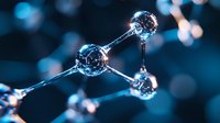 Molecular structure with glowing blue spheres connected by silver bonds on dark background, scientific concept for chemistry and research.
