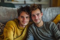 Two young Caucasian men relaxing on couch at home, wearing casual sweaters in yellow and grey, sharing genuine smiles in warm indoor lighting perfect for lifestyle and friendship concepts.