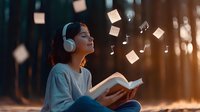 Young Asian woman in headphones reading book outdoors at sunset with magical glowing musical notes and paper sheets floating around in dreamy atmosphere.