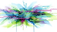 Abstract digital technology burst with colorful flowing lines, circuits and geometric shapes on white background for modern tech designs.