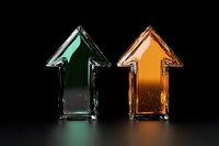 Glass arrows in green and orange colors with reflective surfaces and metallic shine standing upright on dark background, isolated design element for business concepts.