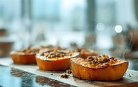 Freshly baked stuffed squash halves with savory filling and herbs, steaming hot on kitchen counter with soft natural light.