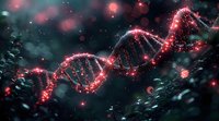 Glowing red DNA helix structure on dark background with bokeh particles, representing genetic research and biotechnology advancement in medical science.