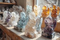 Crystal angel figurines in various colors displayed on wooden shelf, spiritual healing stones carved as guardian angels, metaphysical collection of gemstone sculptures.